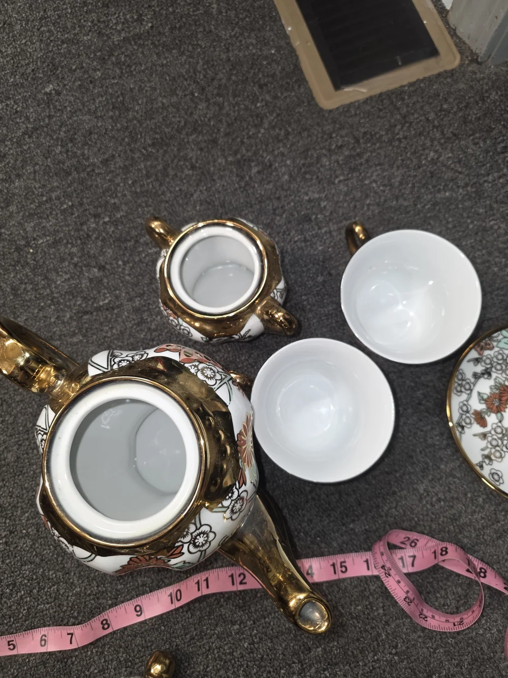 Elegant Pink Floral Porcelain Tea Set with Gold Accents